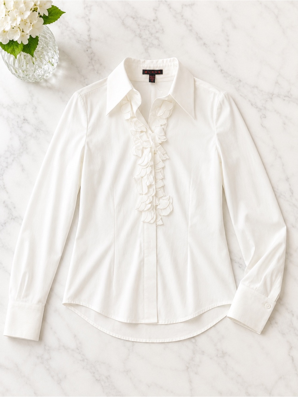 Burns White Ivory Ruffle Button-Front Blouse Size 4 Made in Hong Kong